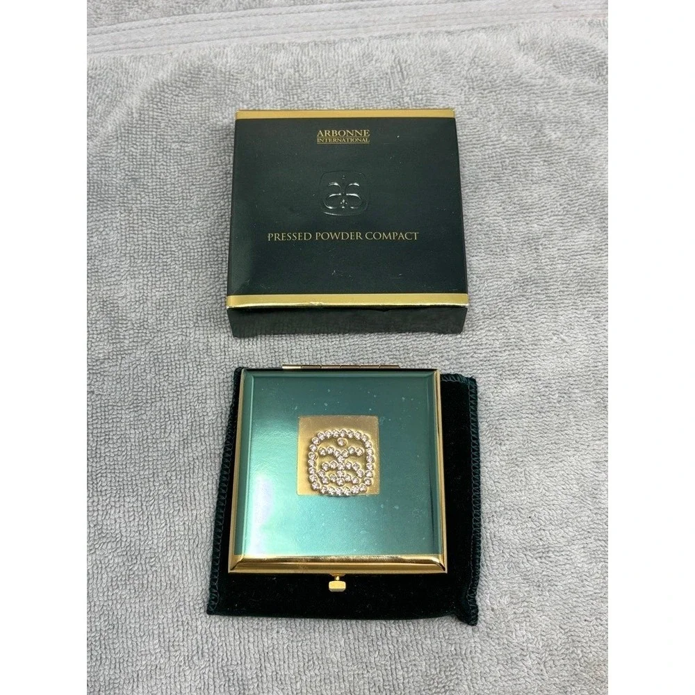 Vtg Arbonne Powder Compact Mirror Gold Crystal Refillable NEW - Picture 2 of 9